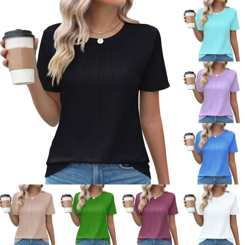 lead Túnicas Femininas Casuais Com Design Plissado Manga Curta Gola Redonda Blusa Solta Para Uso Diário
