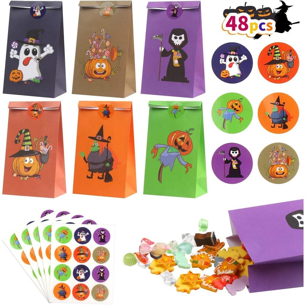 LOKIPA Pacote com 48 Sacolas de Papel para Halloween, Sacolas para Doces ou Brindes com Adesivos para Lembranças de Fest