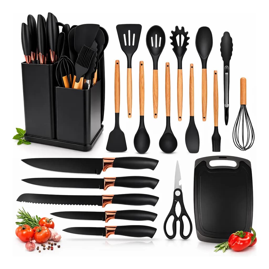 Kit 19 Peças Utensílios Silicone Antiaderente Com Facas