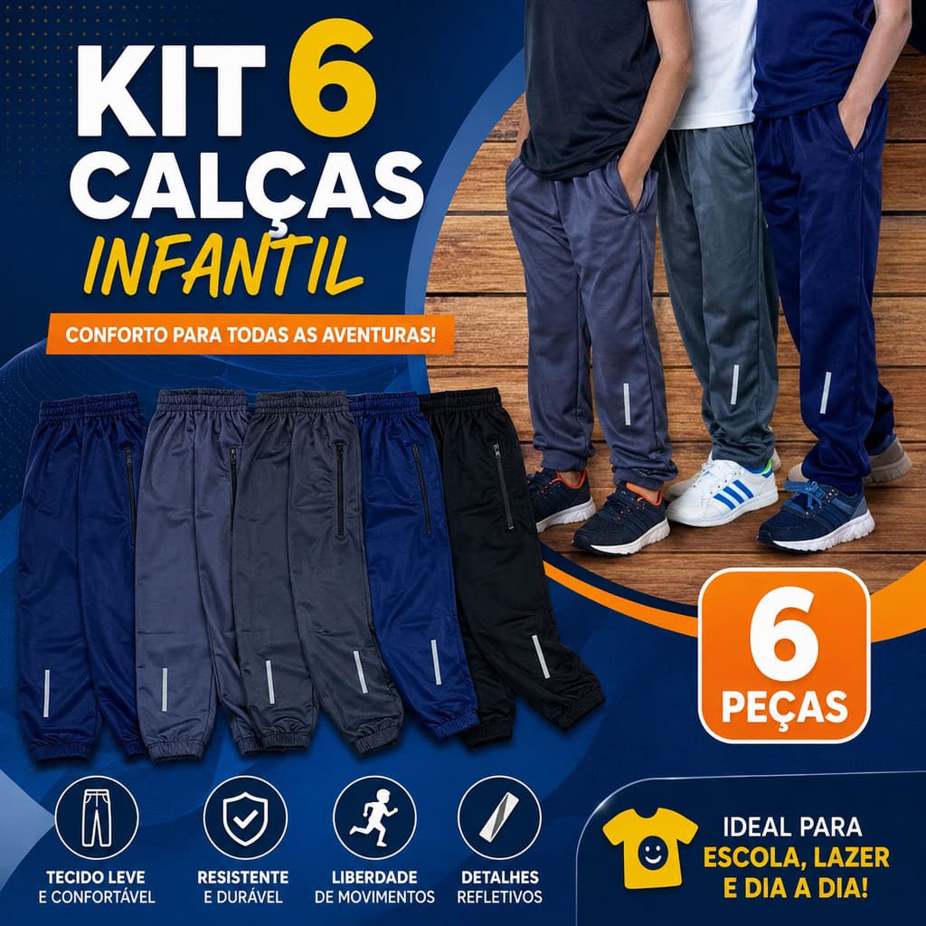 Kit 6 Calças Infantil Juvenil Preta e Azul Escola Inverno Chimpa Flanelado