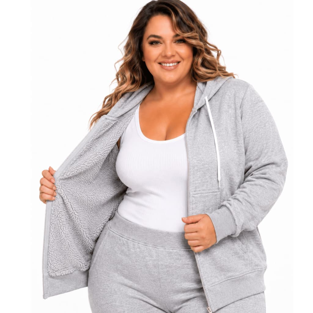 Casaco Moletom Feminino Plus Size com Zíper Pelúcia Interna | Quentinho Inverno M AO G1