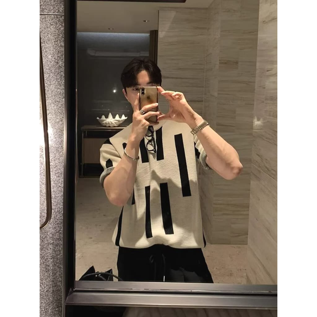 High-End mercerizado algodão listrado camiseta masculina estilo americano fino ajuste estiramento moletom de manga curta