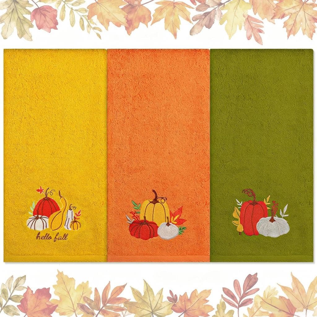 Thanksgiving Pumpkin Hand Towels for Bathroom Decorations Set of 3 100% Cotton Autumn Decorative Pumpkin Maple Leaf Yell