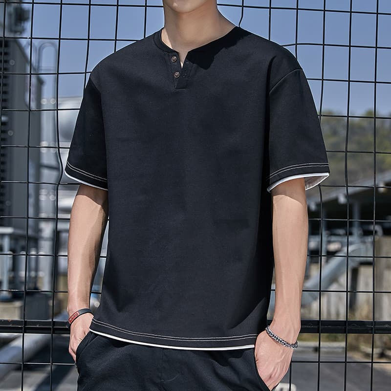 Ins Street wear verão falso de duas peças de manga curta camiseta masculina versão coreana solta na moda roupas superior