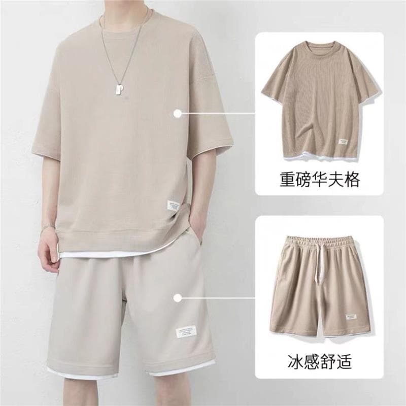 Verão novo estilo Waffle terno de manga curta camiseta masculina na moda estudante juventude solta rua Wear roupas super