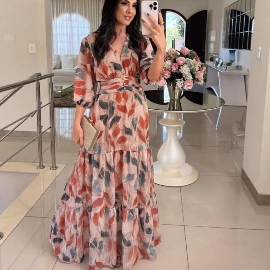 Comércio exterior 2026 feminino verão novo estilo com decote em V moda elegante impresso vestido longo feminino