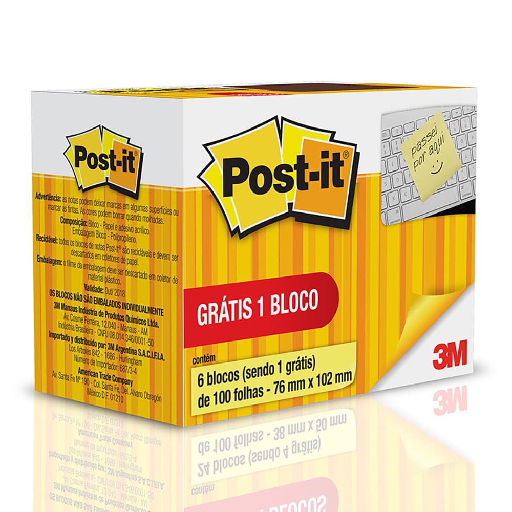 Bloco de notas adesivas Post-it Amarelo 76x102mm 100 folhas Leve 6 Pague 5 3M