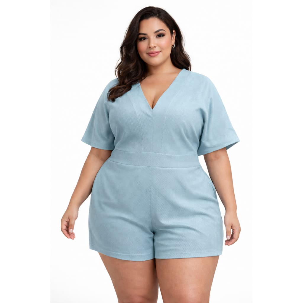 Macaquinho Plus Size Feminino em Linho Dahlia com Manga Curta Amarração Costas Bege Azul Verde Macaquinho Plus Size