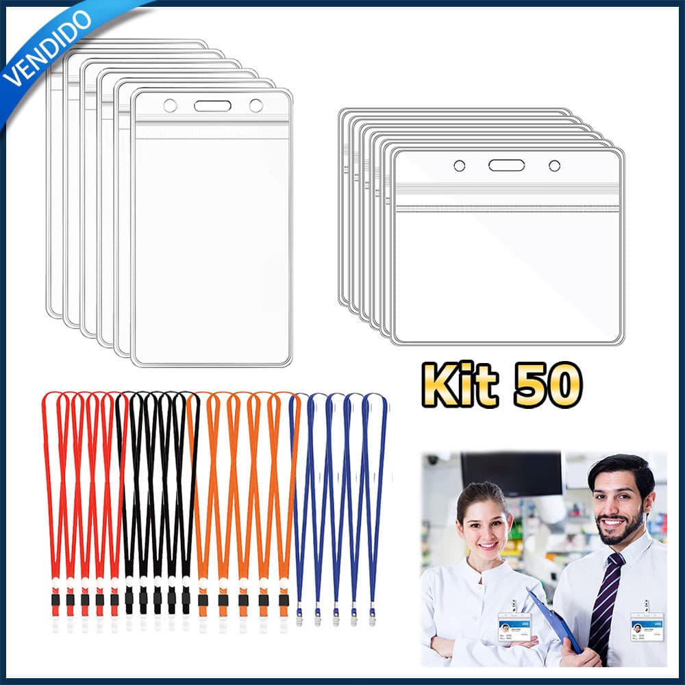 Kit 50 Crachás com cordões porta-cartões de plástico transparente porta-crachás cordões com clipes