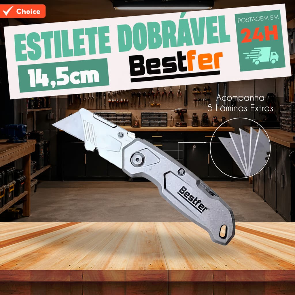 Estilete Trapezoidal Profissional Dobrável Trava Segurança Com 5 Laminas