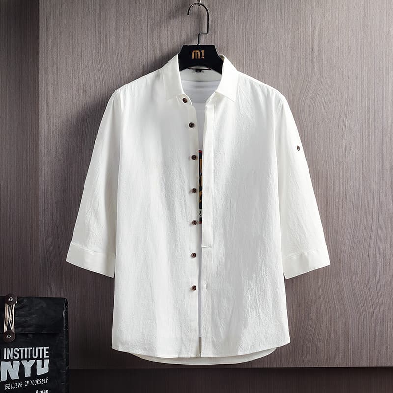 Masculino masculino cor sólida puro algodão manga três quartos camisa verão novo estilo algodão linho camisa Casual vers