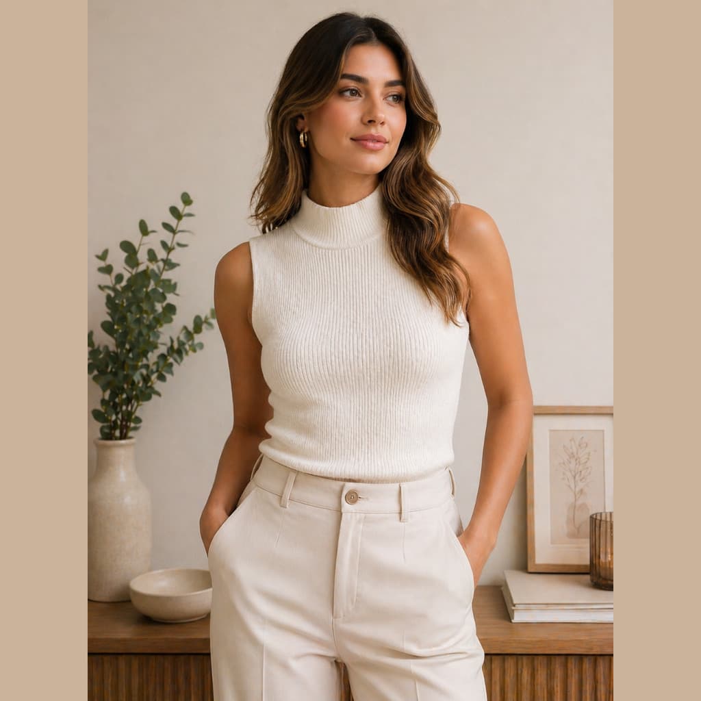Regata Feminina Gola Alta em Tricot Serena – Toque Suave Caimento Impecável Confortável e Moderna