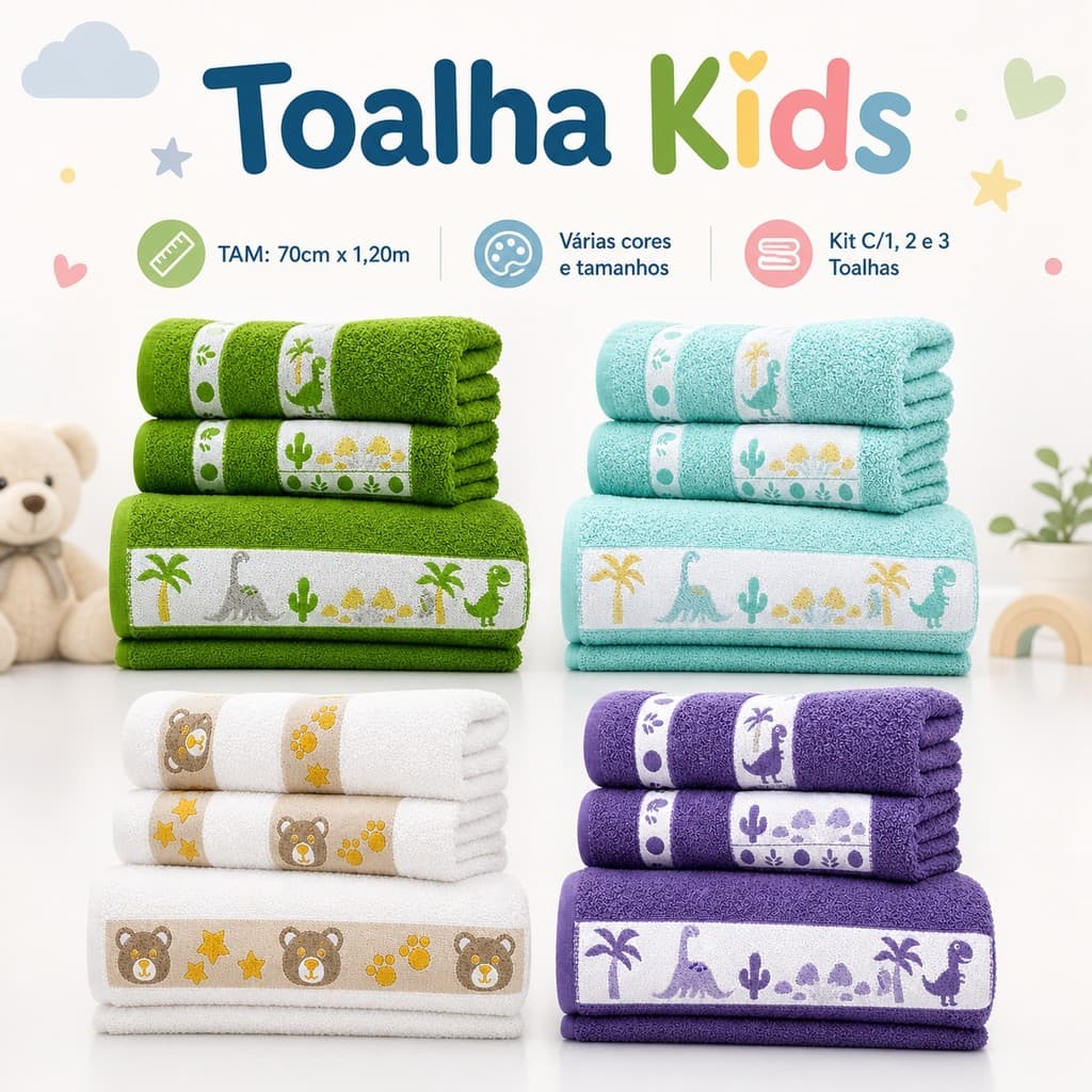 Jogo Toalha de Banho Kids 1 , 2 e 3 Peças 100% Algodão Grossa Felpuda Super Macia Excelente Absorção  Premier Habitat