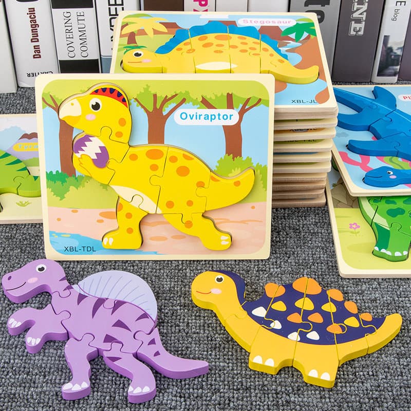 Crianças pequenas Animal carro dinossauro quebra-cabeça de madeira tridimensional menina 1 bebê 2-3-4 anos de idade educ