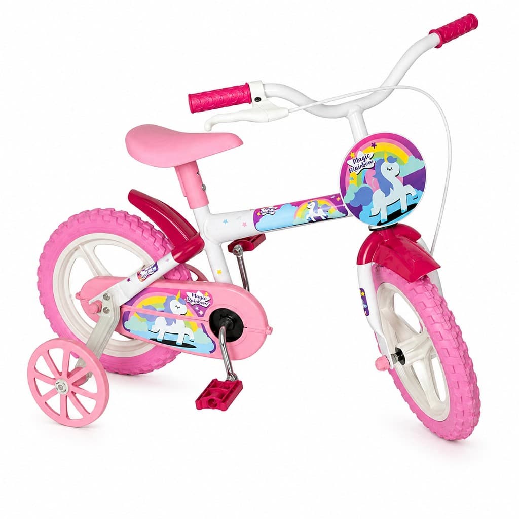 Bicicleta Infantil Aro 12 Magic Rain Bow Rosa Styll com Rodinhas Promoção Original Envio Rápido