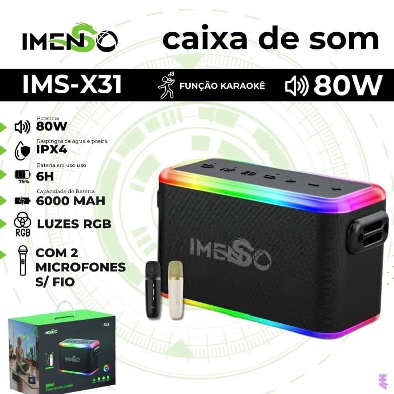 Caixa De Som  Imenso X31 80w Ipx4 Com 2 Microfones festa RGB à prova d'água