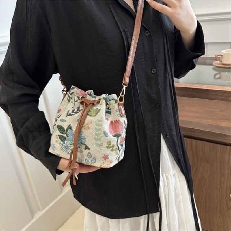 Bolsa Balde De Tecido De Linho Floral Estilo Étnico Crossbody Feminina De Ombro Designer De Luxo bolsos