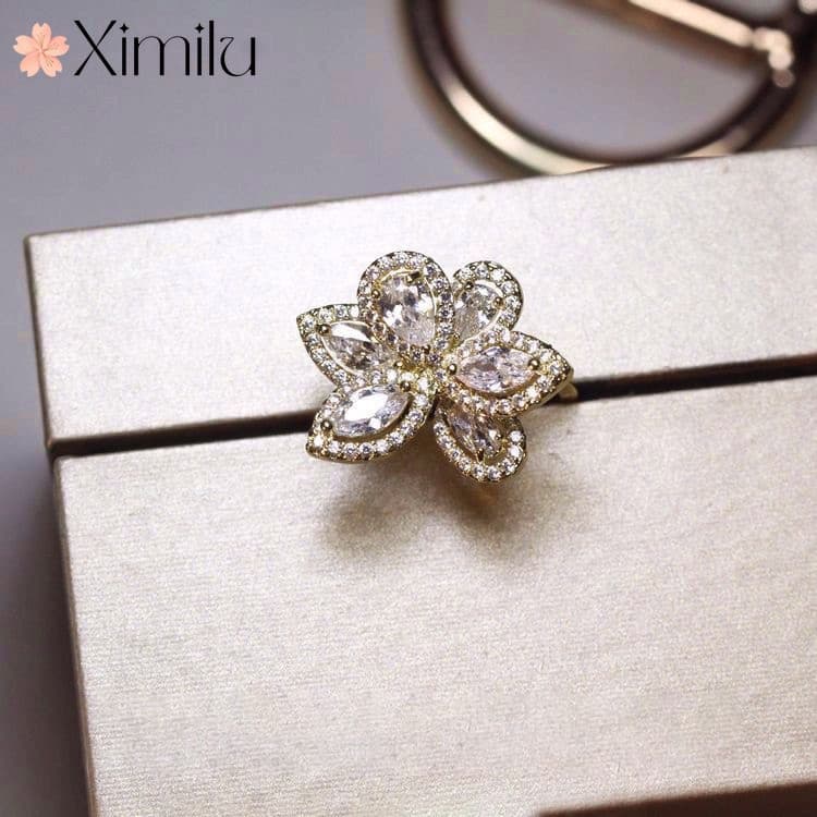 ♥ Estilo duplo estilo legal High-End nicho Design elegante All-Match flor cheio de diamante requintado anel feminino jói