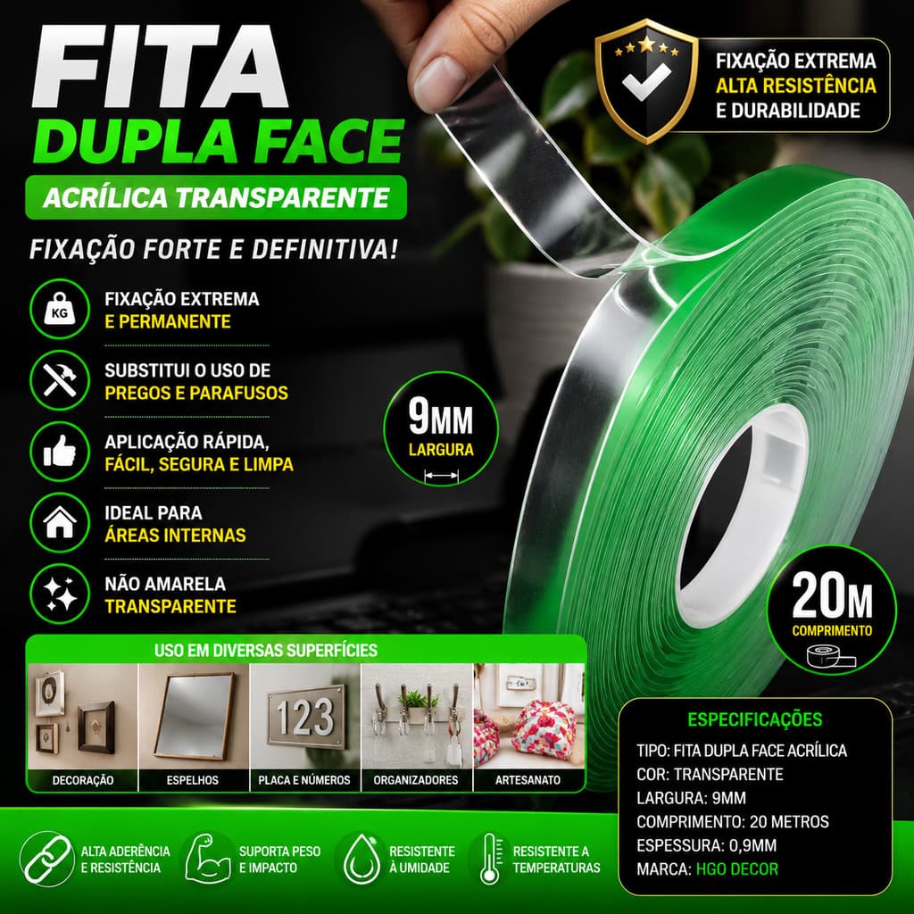 Fita Dupla Face Extra Forte 9mm X 20M Pronta Entrega