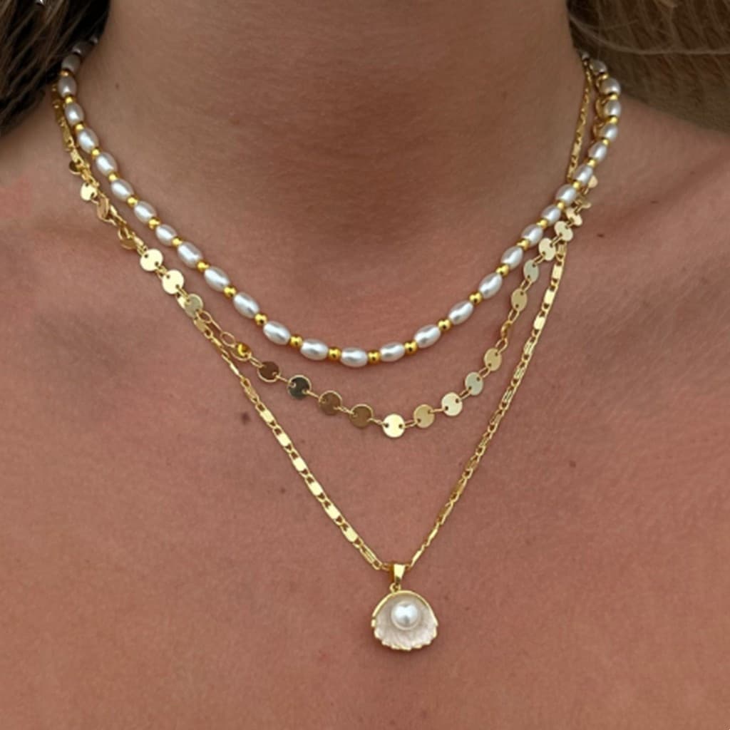 Conjunto Elegante: Colar de Pérolas de Imitação Multicamadas com Pingente de Concha, Joia Única Feminina, Presente Estil