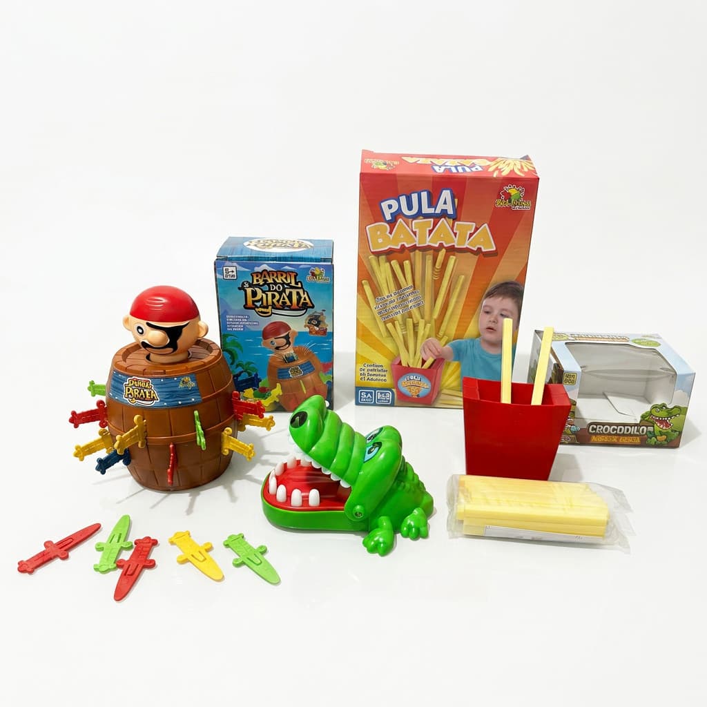 Kit Barril Pirata+Crocodilo Morde Dedo+Pula Batata Infantil