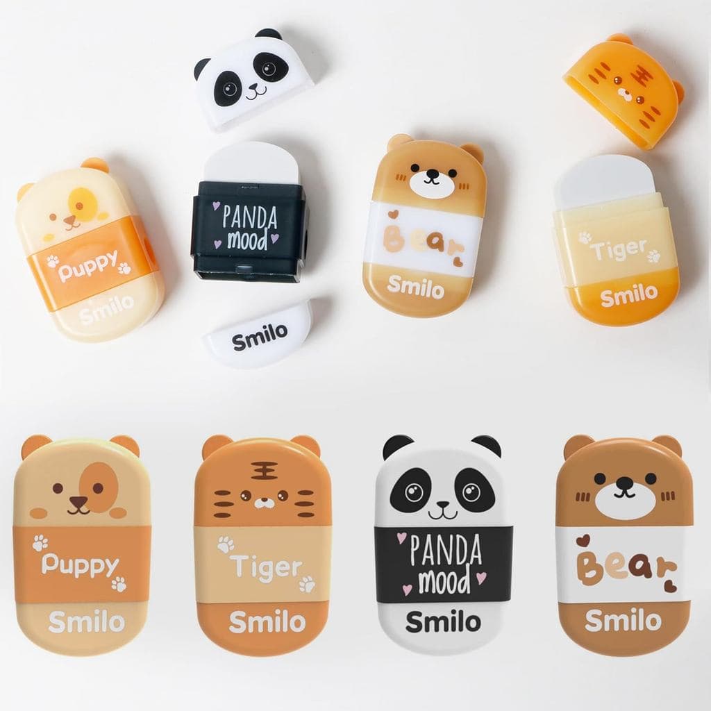 Smilo 8 Apontadores de Lápis com Tema de Animais - Apontador Manual 2 em 1 com Borracha e Tampa (Panda/Urso/Cachorro/Tig