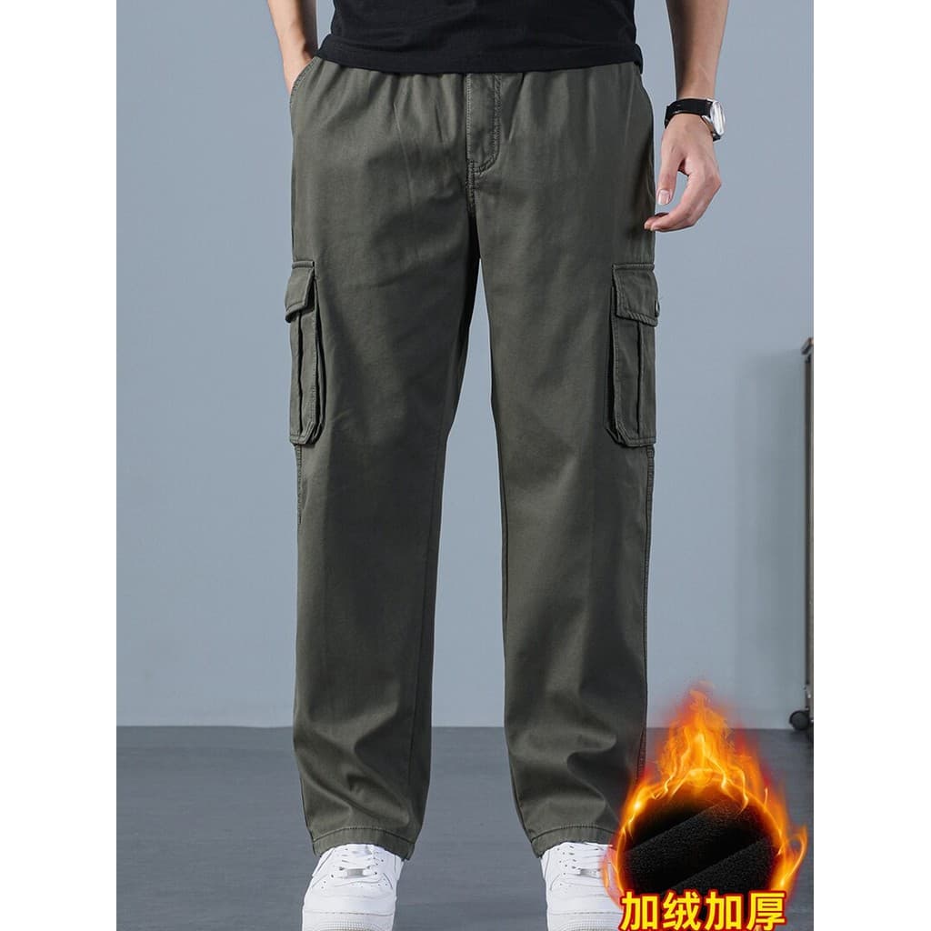 Outono inverno macacão masculino mais veludo engrossado Multi-bolso solto calças esportivas retas masculinas plus Size c