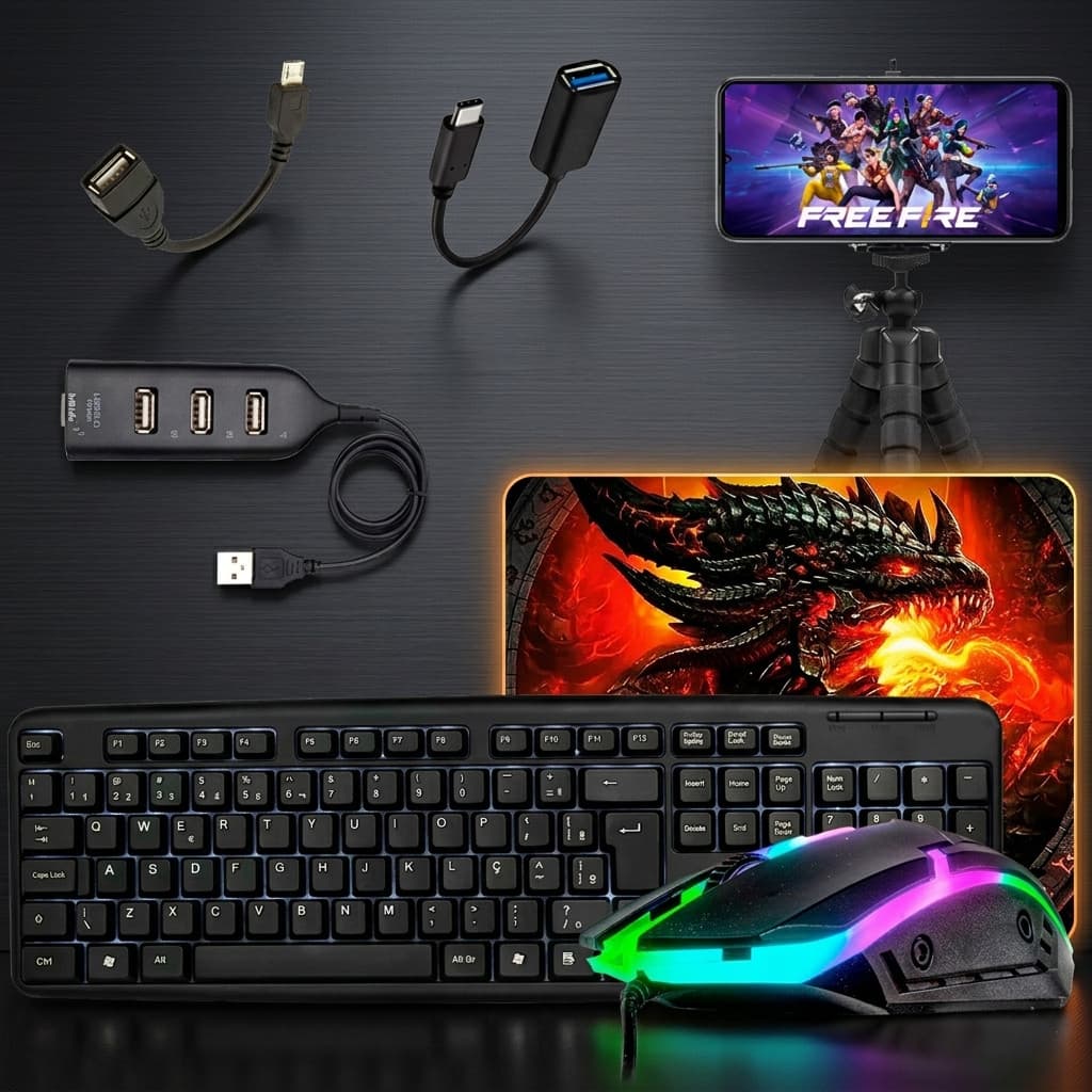Kit Gamer Mobilador com Teclado Mouse + Pad Estampado e suporte para celular