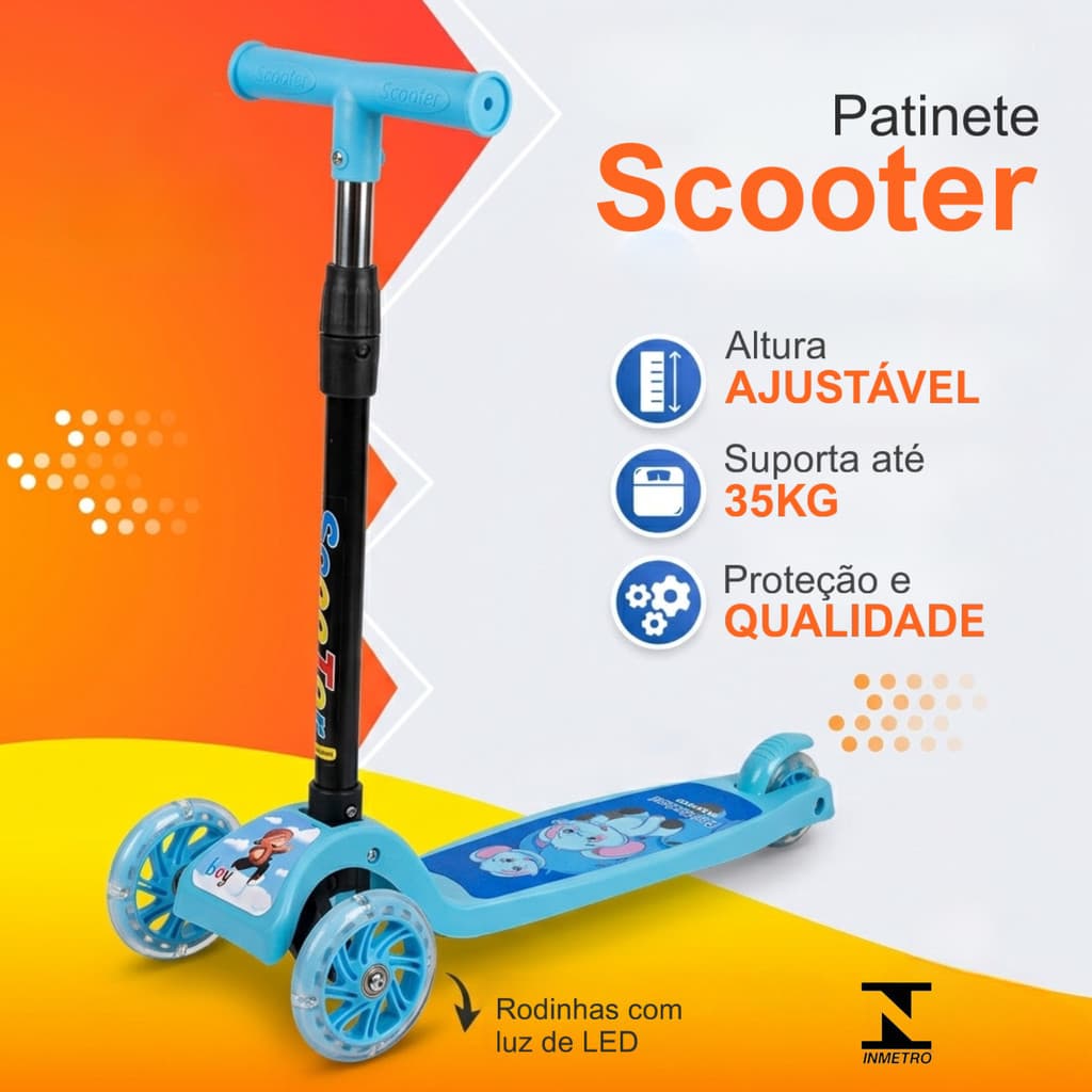 Patinete Infantil Scooter 3 Rodas Com LED Dobrável Ajustável 35kg Menino Menina