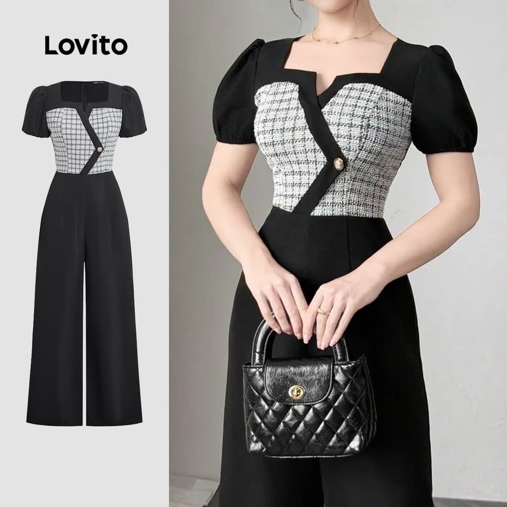 Lovito Elegante Macacão de Tecido Costura Assimétrica Botão Macacão Feminino primavera/verão L190ED310