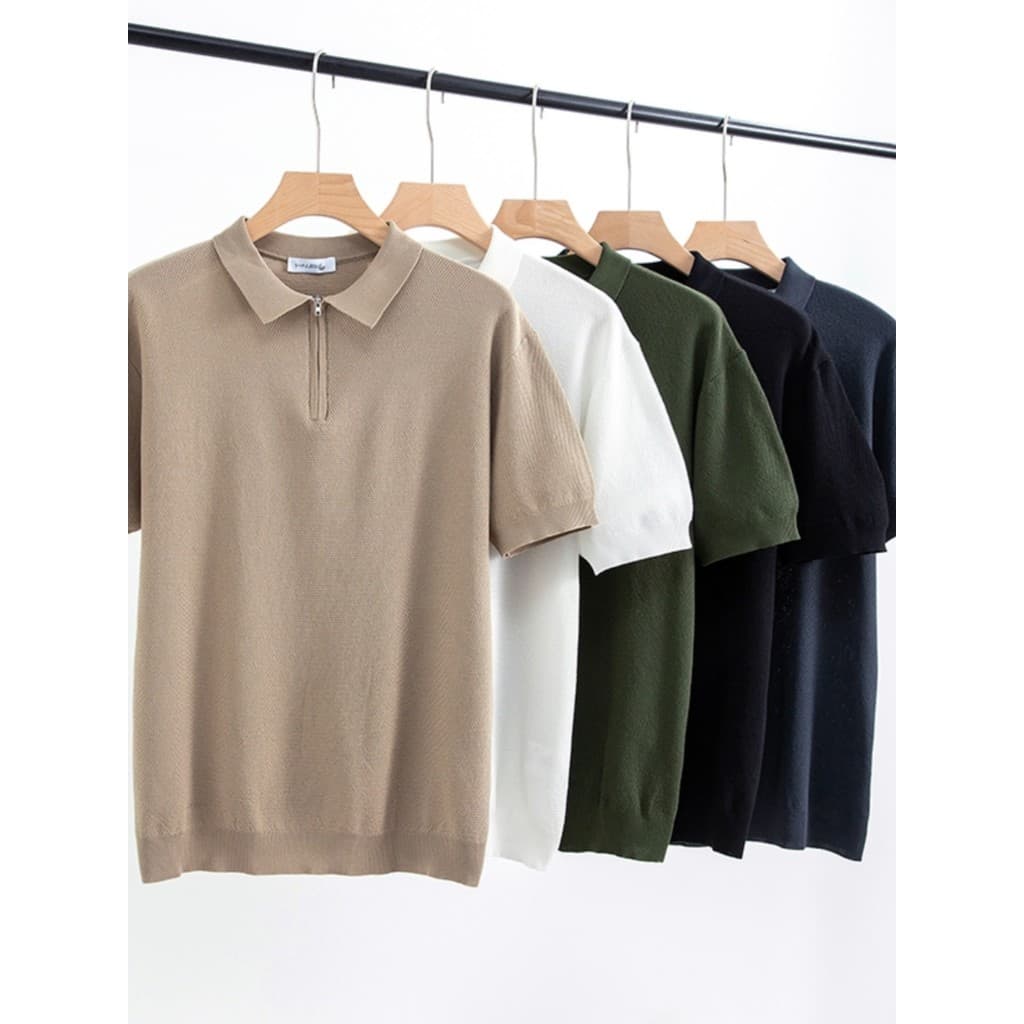 Nível de luxo leve!Malha Mercerizada Listrada!Verão masculino comércio exterior luz negócios Casual All-Match meio zíper