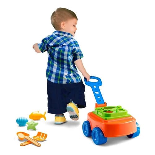 Carrinho Com Pá E Rastelo De Puxar Infantil De Encaixe Para Praia Brinquedo Presente Infantil Dia das Criança