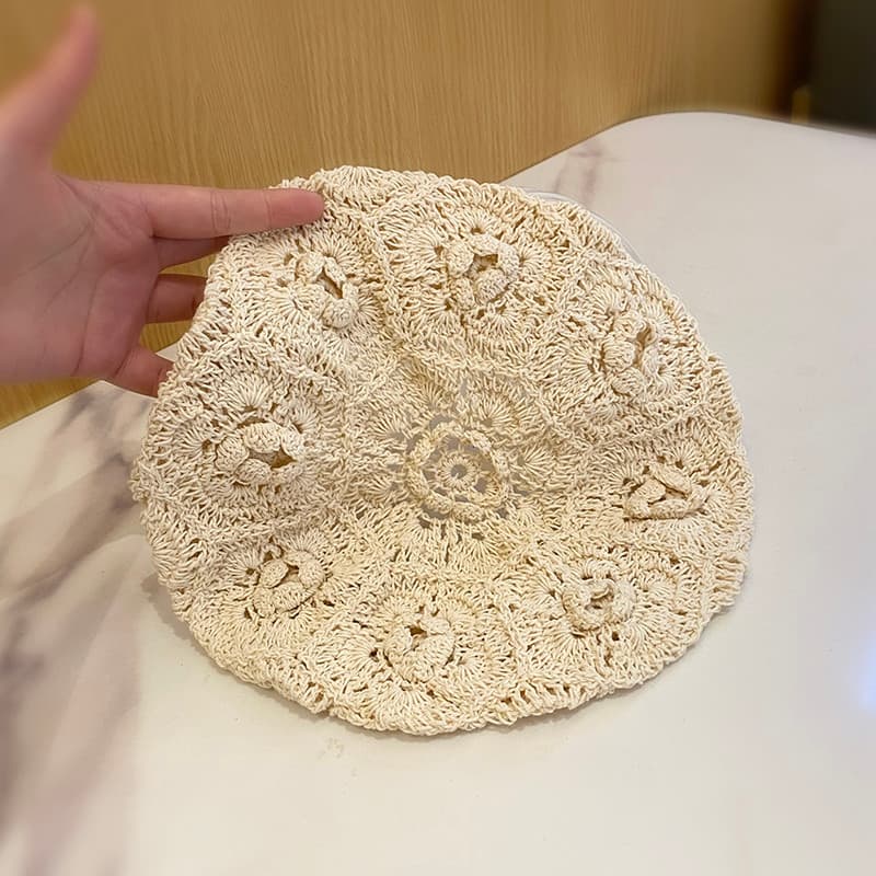 Boina japonesa estilo fino oco mão-corrente ligada feminina influenciador de malha moda tridimensional flor cabeça boné