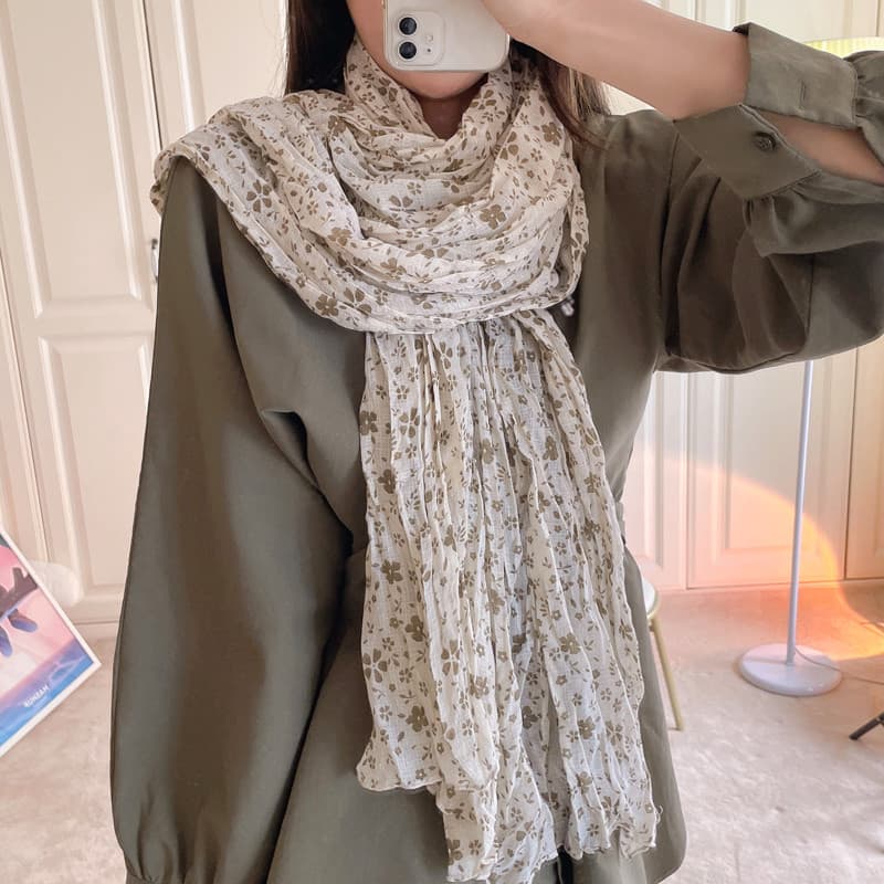 Pequeno pequeno Floral plissado longo cachecol feminino inverno quente primavera outono All-Match estilo literário peque