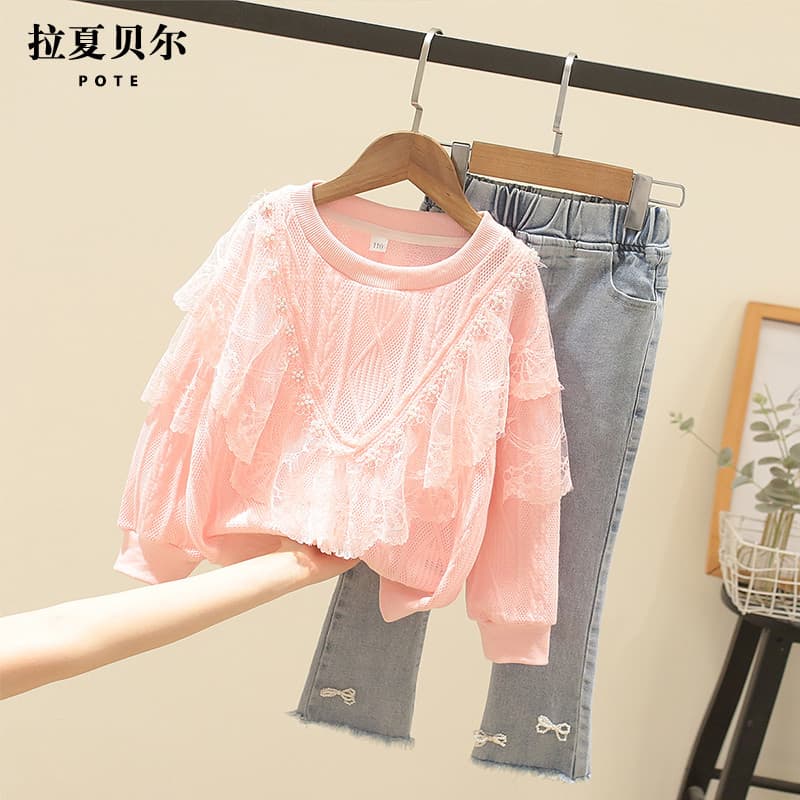 Lasherbell roupas infantis para meninas moletom terno primavera roupas 2026 novo estilo moda infantil Casual Jeans terno