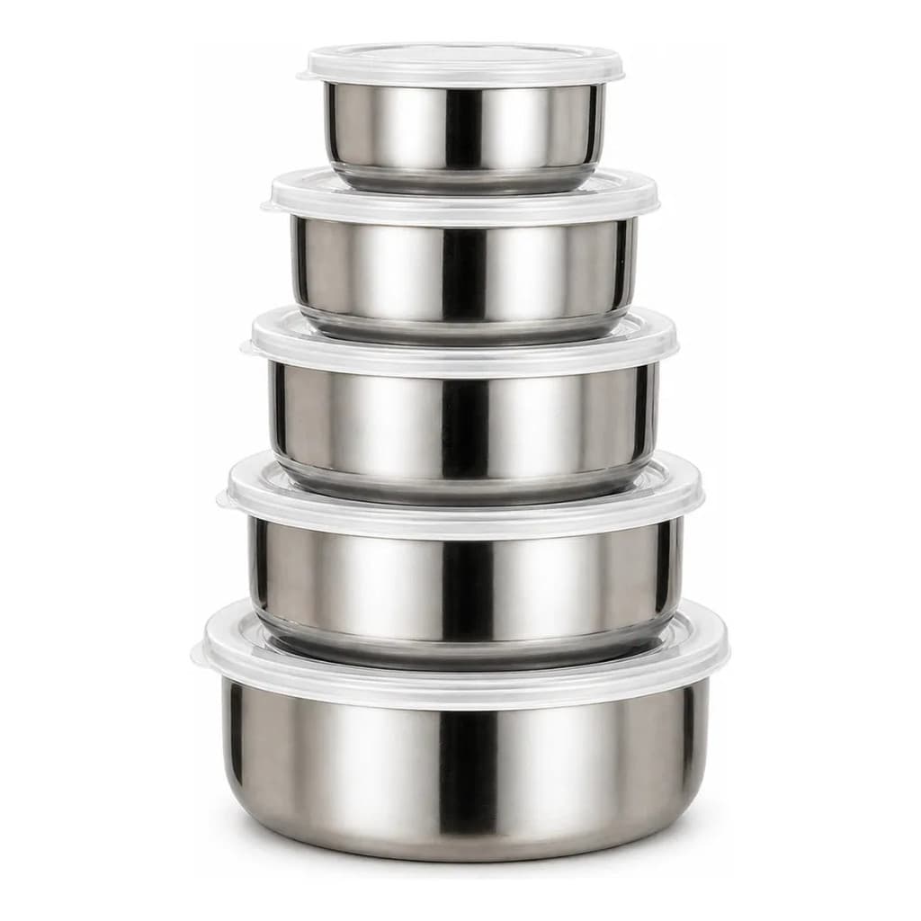 Conjunto De Tigelas Potes De Inox Com Tampa  5 Peças