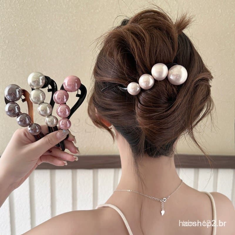 Presilha de Cabelo Elegante com Pérolas Grandes - Presilha de Cabelo em Forma de S para Rabo de Cavalo - Presilha de Cab
