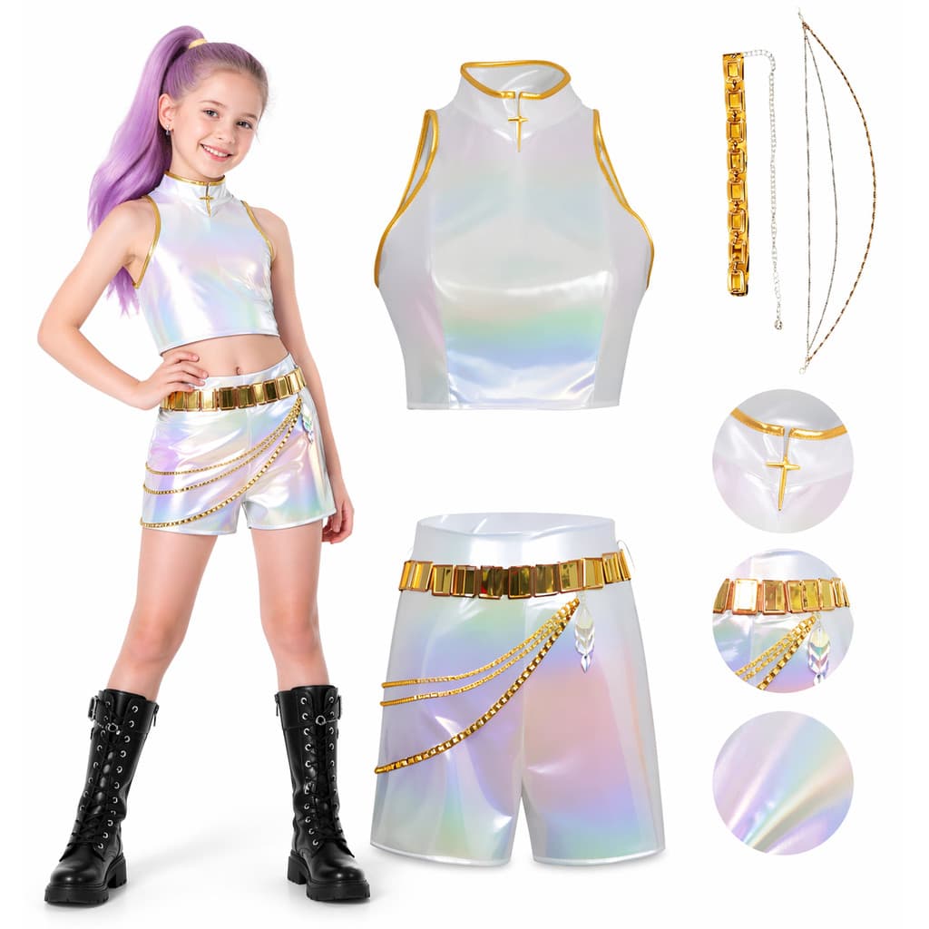 Fantasia Infantil K-pop Holográfica Humi – Conjunto Fashion Brilho | Top Short Cinto