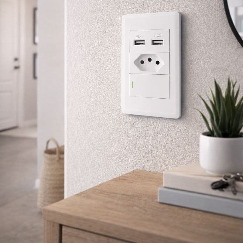 Conjunto Branco Premium: Tomada 10A + Dupla USB + Interruptor 4X2 | Tudo em Um