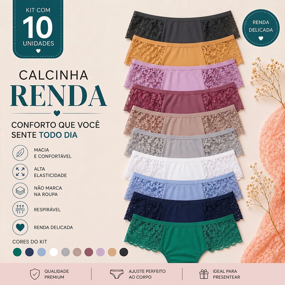 Kit 10 Calcinhas Tanga Fio Microfibra Renda Lateral Conforto Dia a Dia Calsinha Feminina