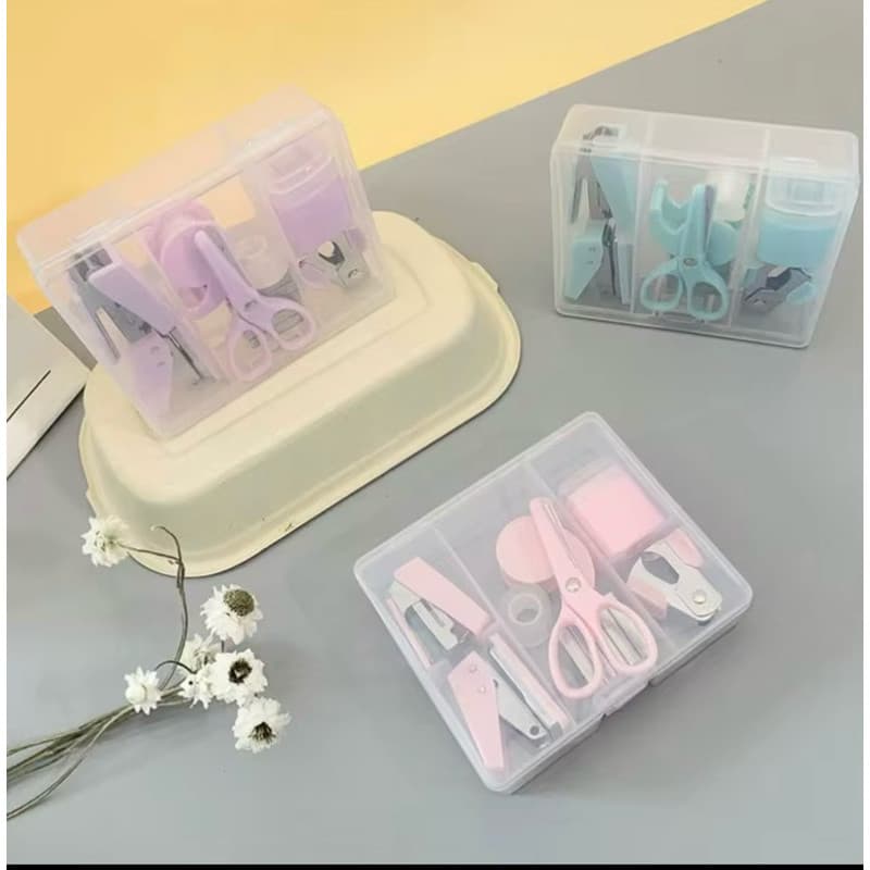 kit mini grampeador + perfurador + fita adesiva + extrator + tesoura  ESCOLHA A COR