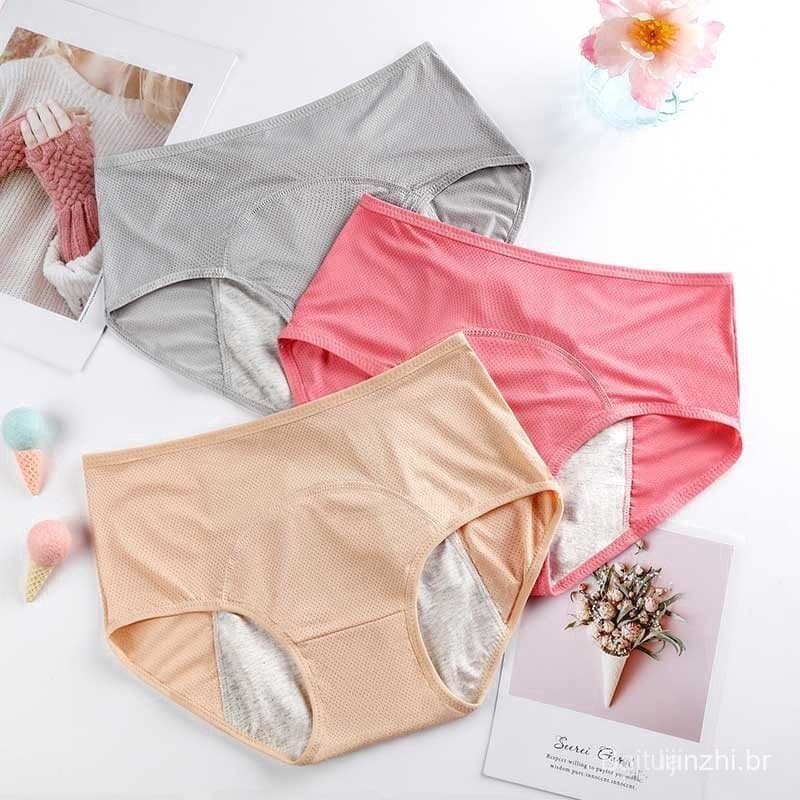 Pacote com 3 / Calcinhas Menstruais Femininas / Roupa Íntima Fisiológica de Algodão à Prova de Vazamentos de Cintura Alt