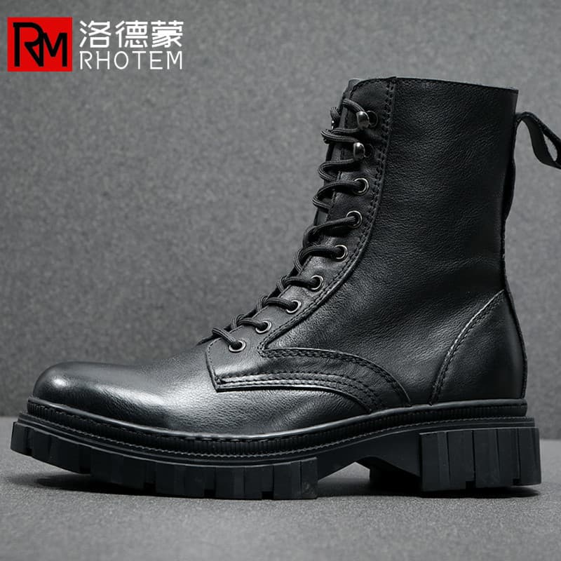 Lordmond botas Martin de cano alto masculinas, botas de couro de pelúcia de inverno, sola grossa, couro genuíno, cano mé
