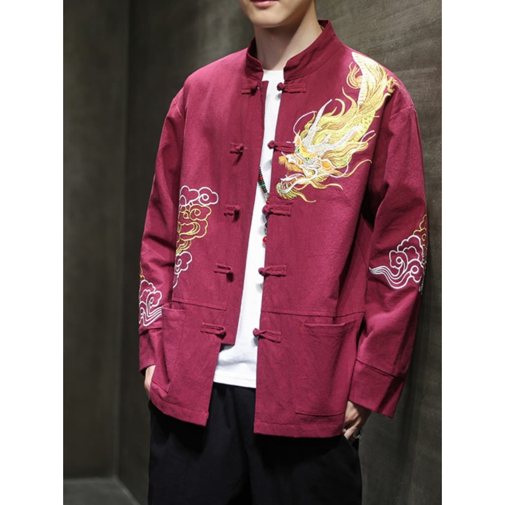 Estilo chinês Tang terno masculino estilo chinês primavera dragão padrão bordado jaqueta de manga comprida Retro solto H
