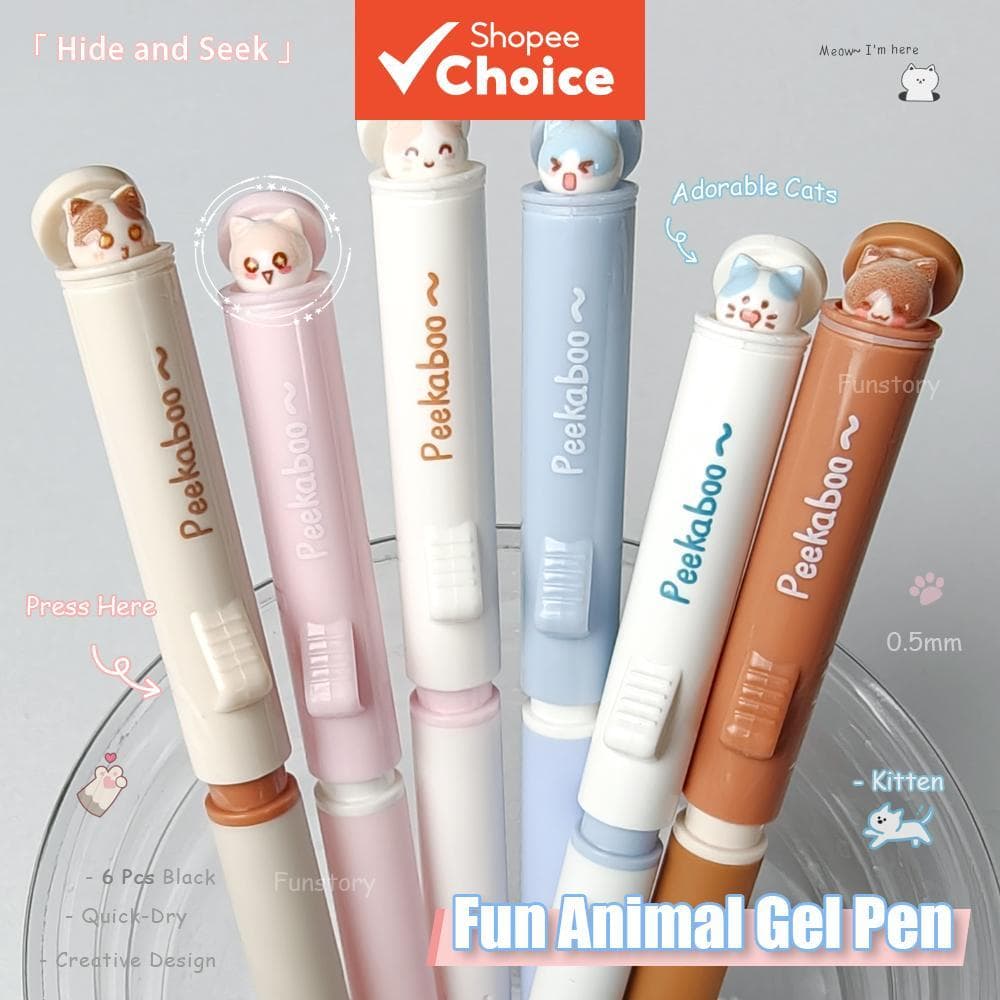 Conjunto De Canetas De Gel Divertidas Para Gatinhos Brincando De Esconder E Procurar 2/6 Unidades Design De Capa Flip De