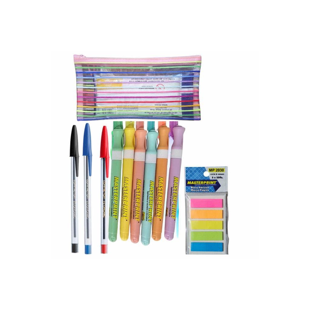 Kit Estudante 11 Itens: Marca Texto Ton Pastel, Canetas e Bloco Notas