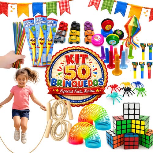 Kit 50 Brinquedos Prenda Lembrancinha Infantil Festa Junina Saquinho Surpresa Corda de Pular Cubo
