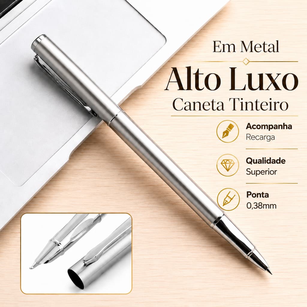 CANETA PRATA PENA TINTEIRO PRESENTE LUXO EXTRA FINA  0,38MM