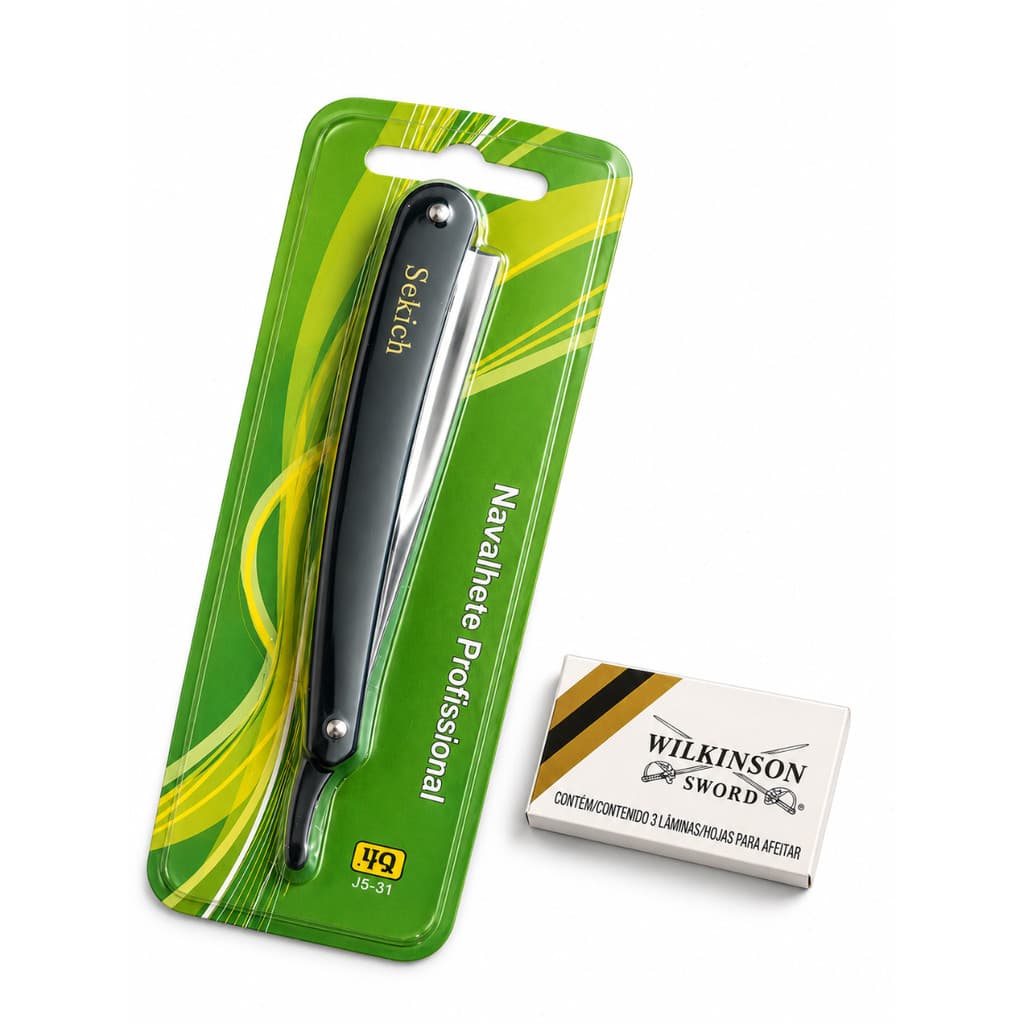 Kit 1 Navalhete Sekich Aço Inox C/ 3 Lâminas Wilkinson Sword, Para Barba, Cabelo e Sobrancelha
