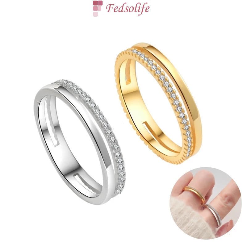 [Anel Fedsolife] Diamante de fileira dupla feminino simples moda em aço titânio banhado a ouro